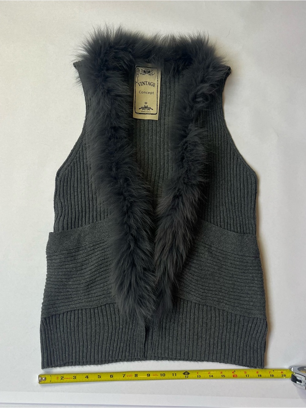 Vintage Dark Gray Faux-Fur Trim Ribbed Knit Vest